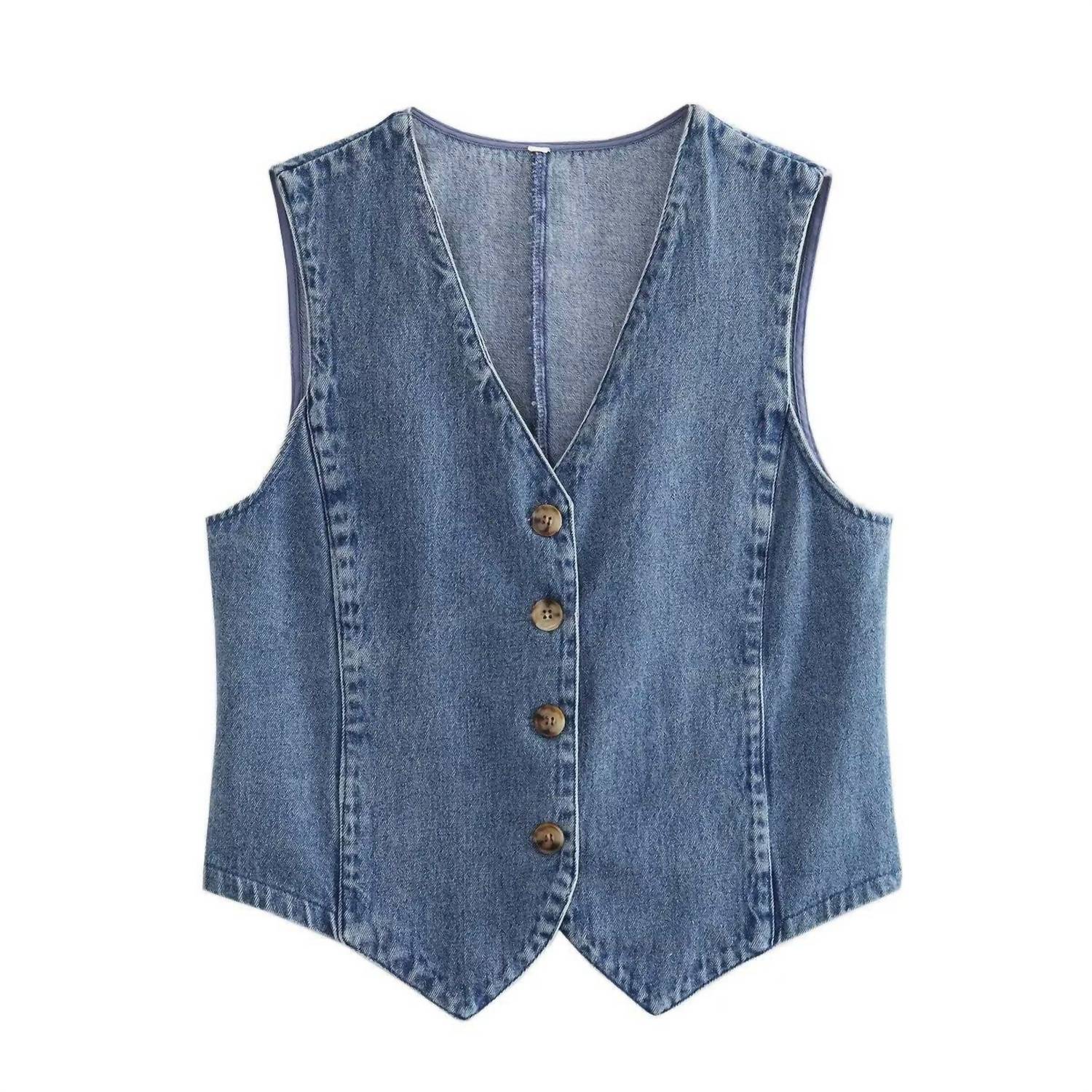 Sweetkama - Denim Solid V Neck Vest