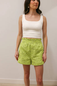 Entro - Floral Appliqué High Waisted Elastic Waist Shorts