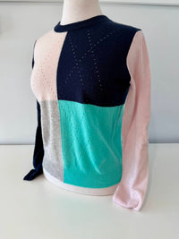 Autumn Cashmere Women's Colorblock Argyle Cashmere Sweater in navy multi - women's sweater - detail view