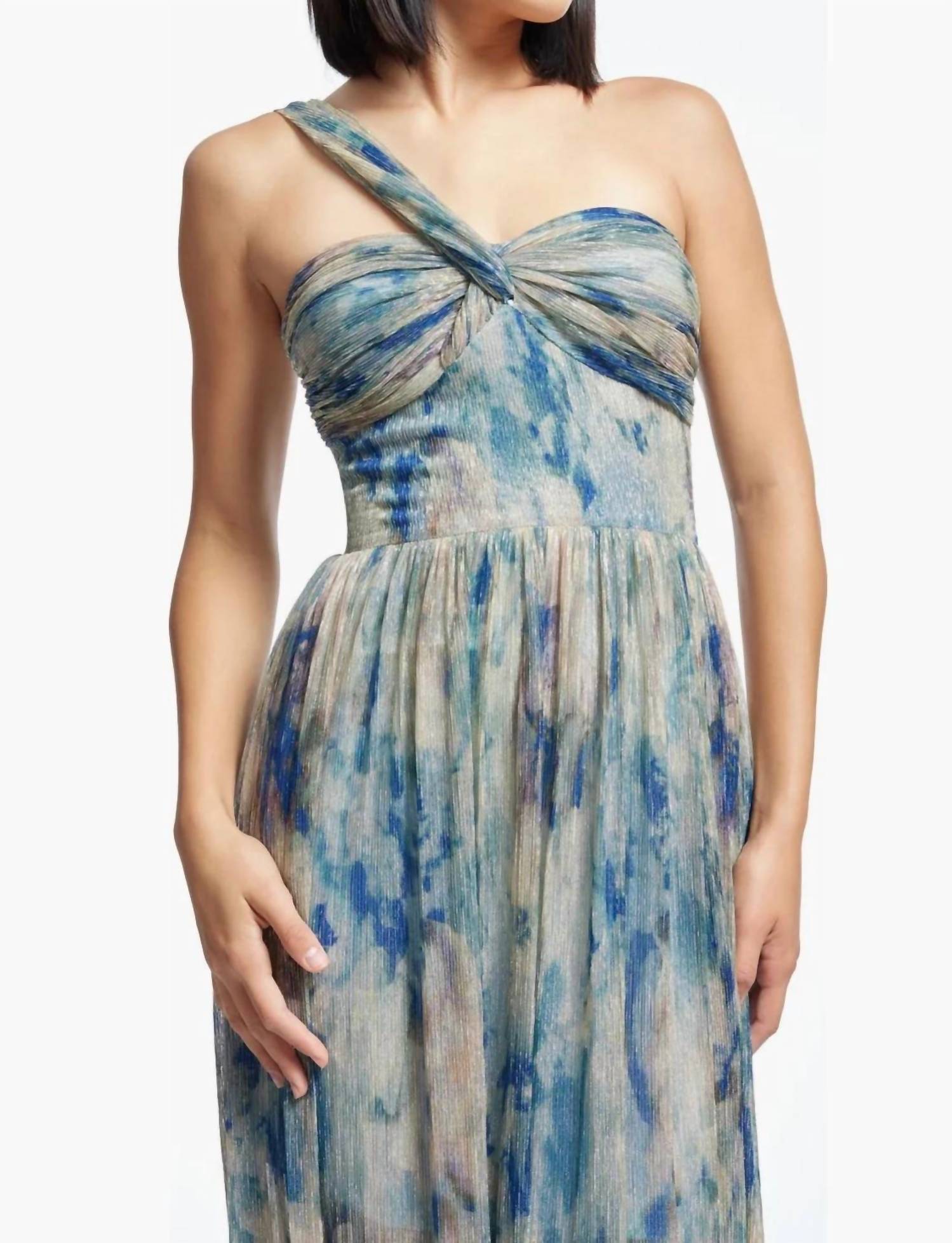 Dress The Population - Idalia Metallic Abstract Floral Print One-shoulder Gown