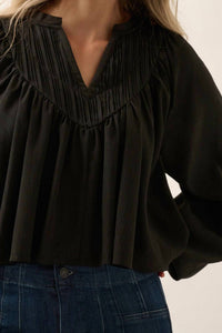 Promesa - Women's Solid Crepe V Neck Pleated Yoke Peasant Top