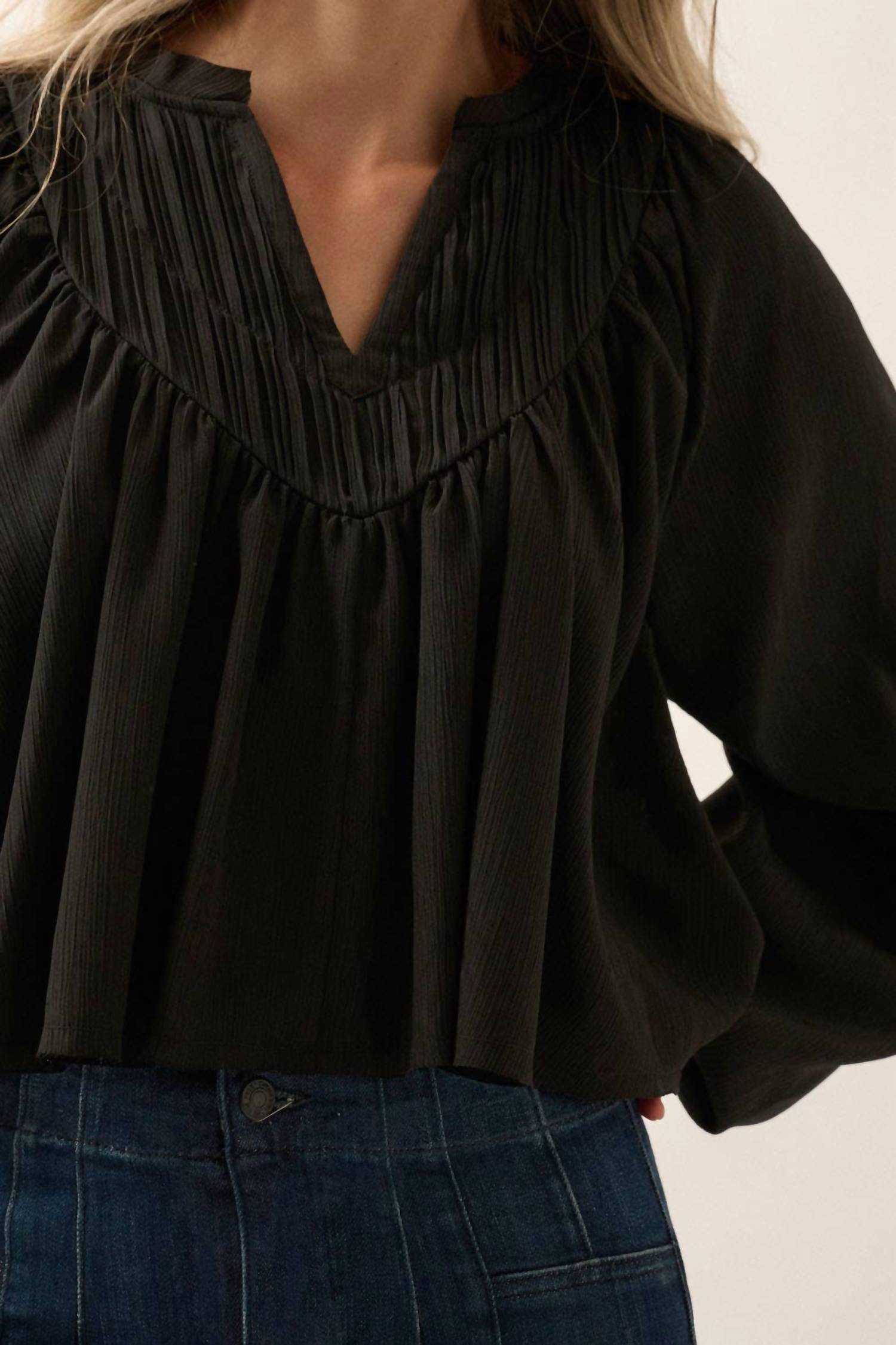 Promesa - Women's Solid Crepe V Neck Pleated Yoke Peasant Top