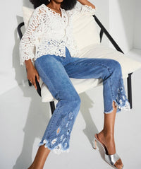 Joseph Ribkoff Seneca Stretch Straight Crop Jeans With Embroidery in denim medium blue - women's jeans - detail view