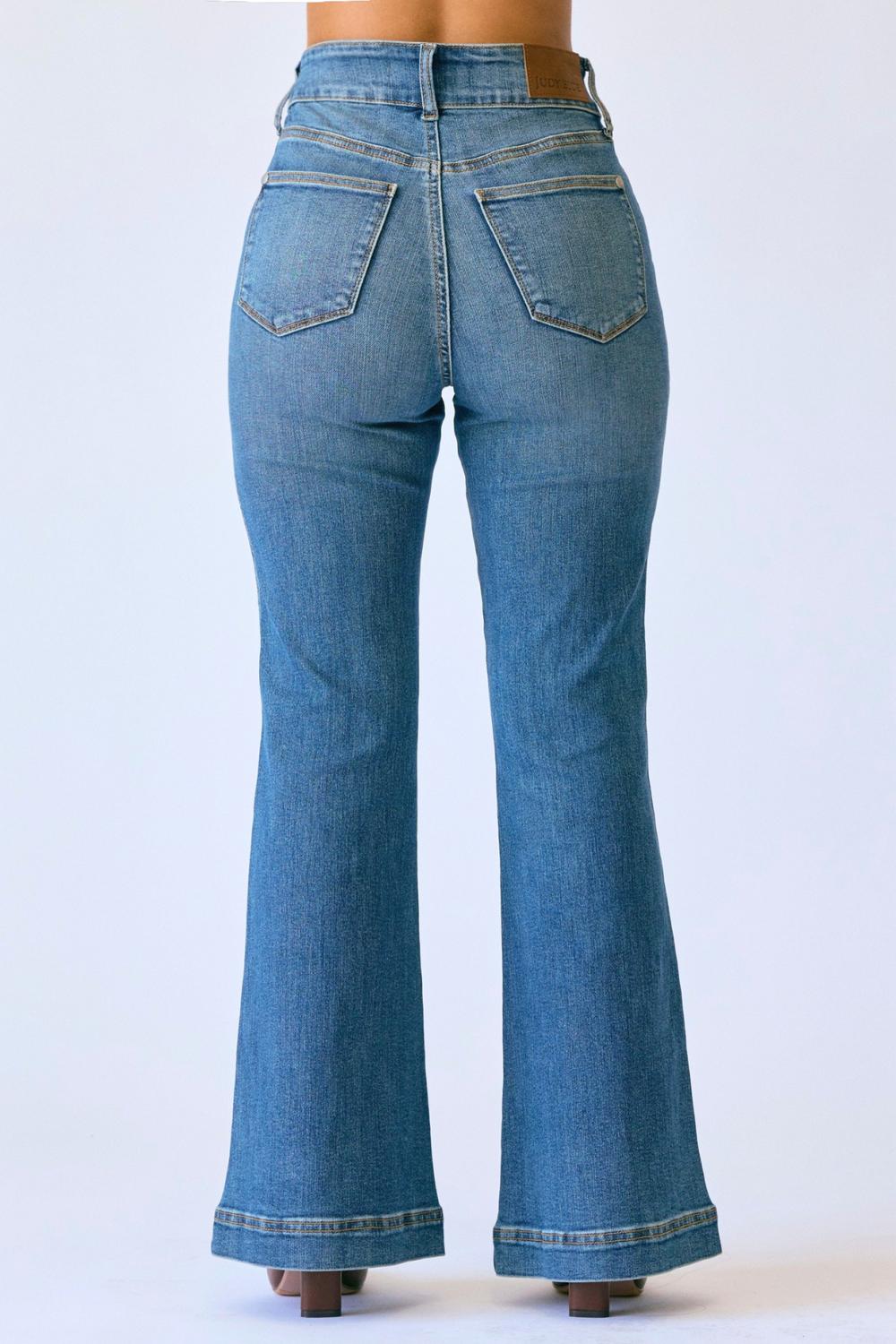 Judy Blue - Women's Tummy Control Petite Flare Double Button Waist Band Jeans