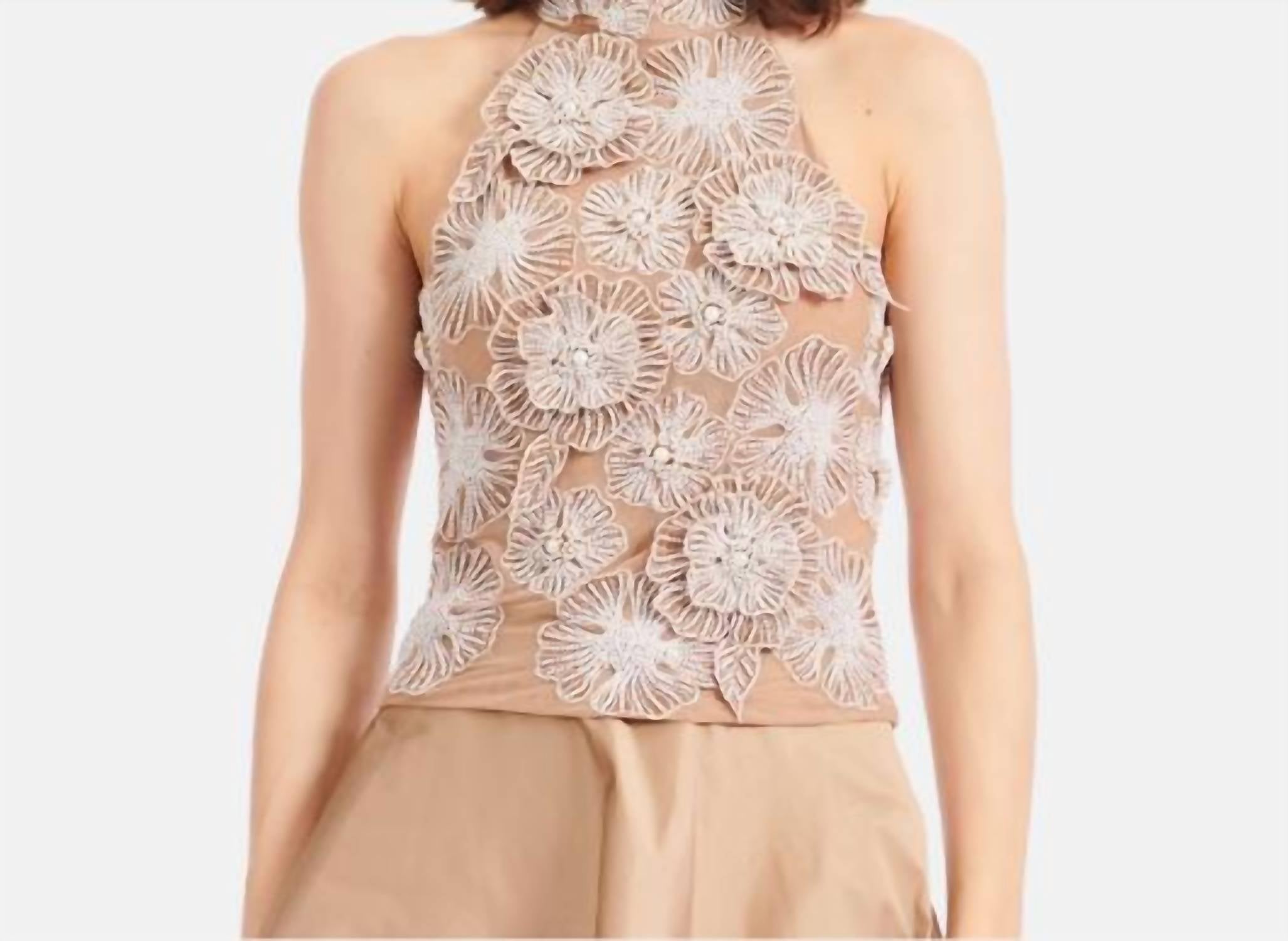 Emily Shalant - Pearl Beaded Flower Mock Neck Top