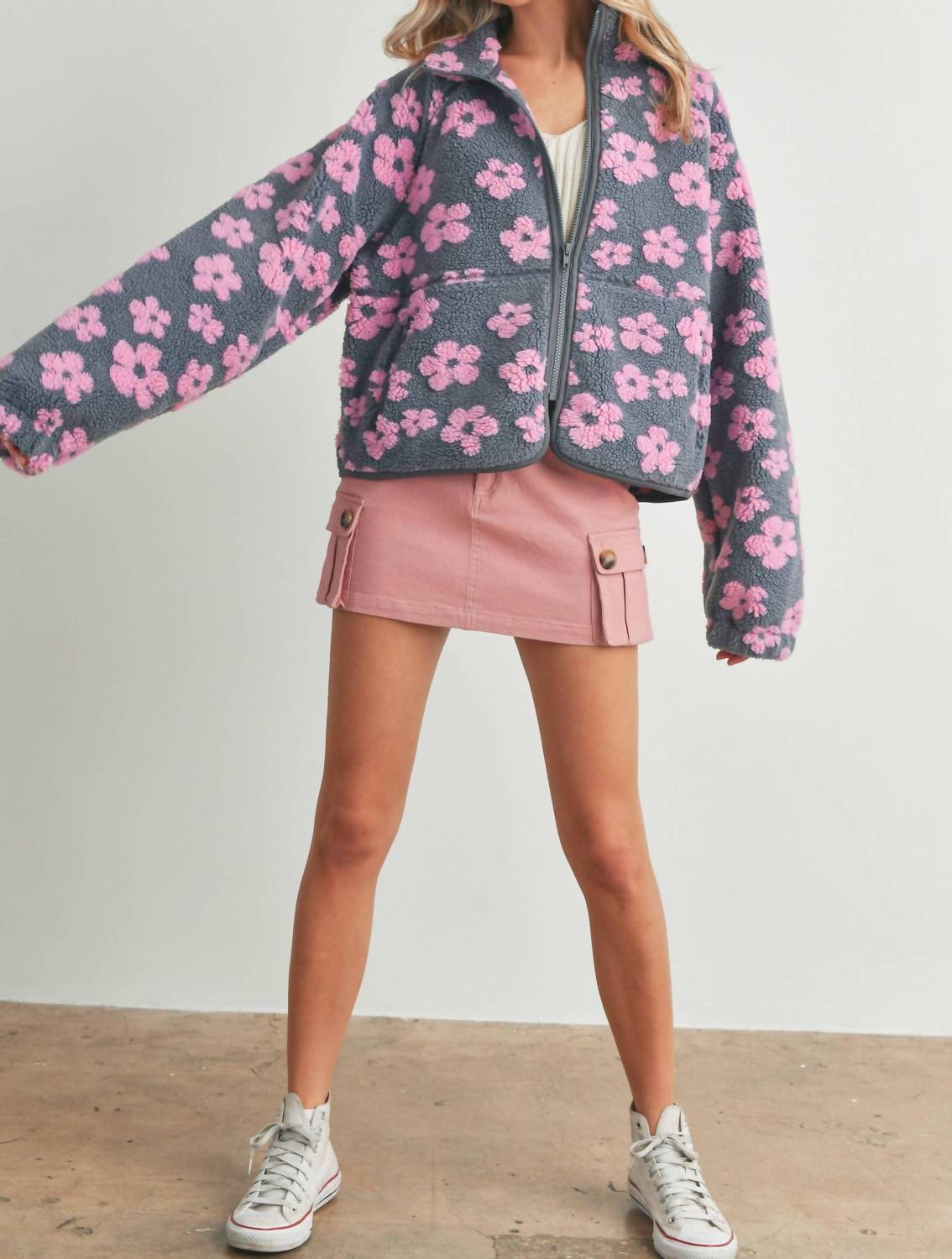 Buttermelon Daisy Fleece Sherpa Jacket in grey pink - women's jacket - view 6