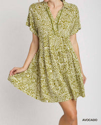 umgee Floral Paisley Mixed Print Tiered Dress in avocado - women's dress