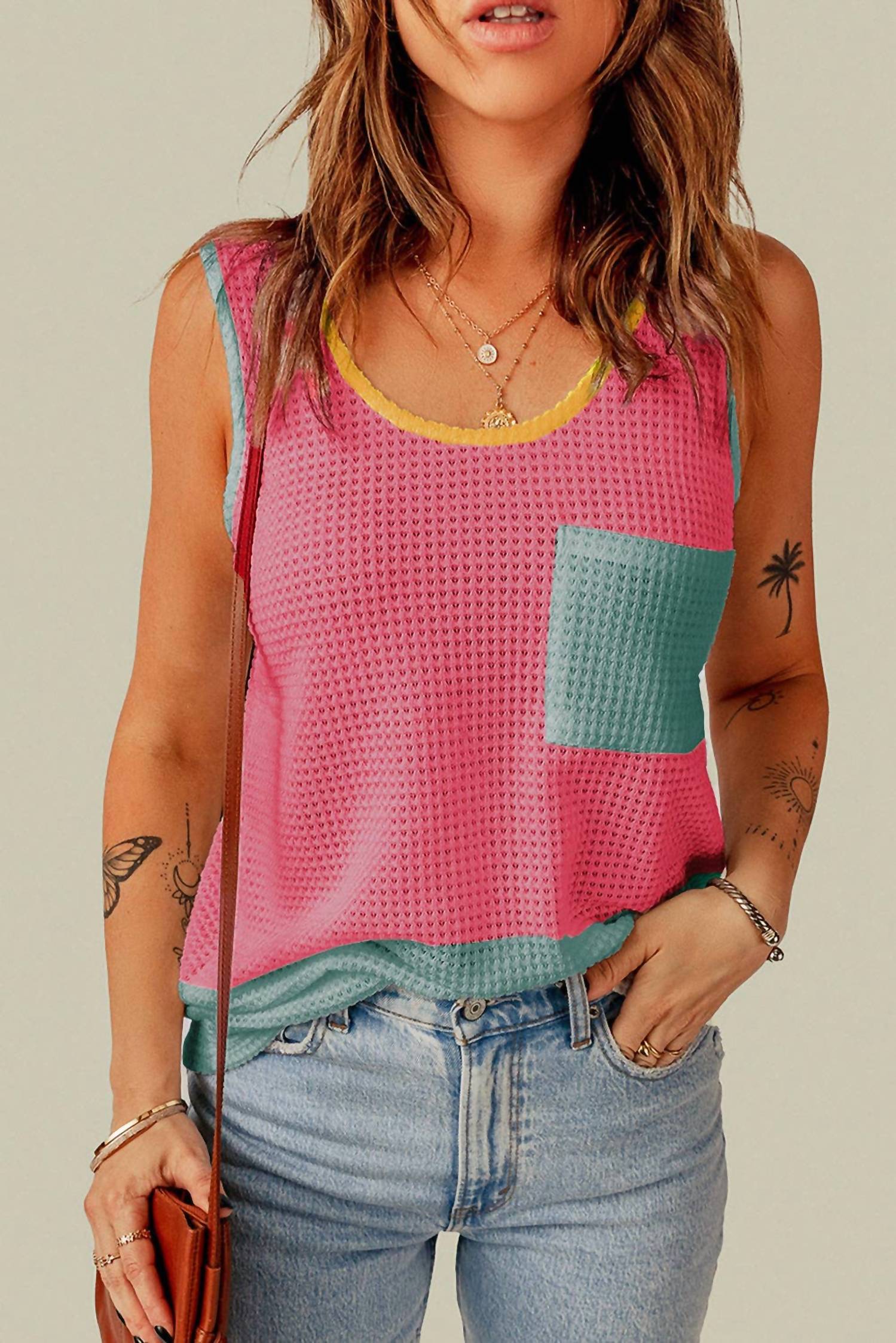 Full Time Purchase - Color Block Patched Pocket Knit Tank Top