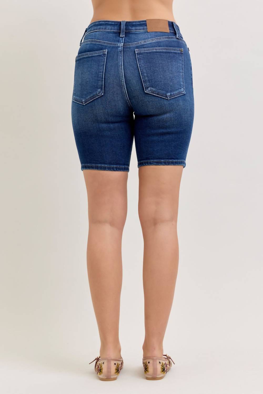 Judy Blue Mid Rise Bermuda Denim Short in blue - women's shorts - detail view