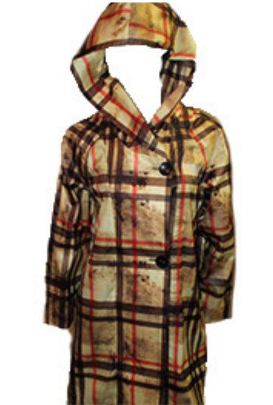 Plaid Side Button Long Hooded Rain Jacket