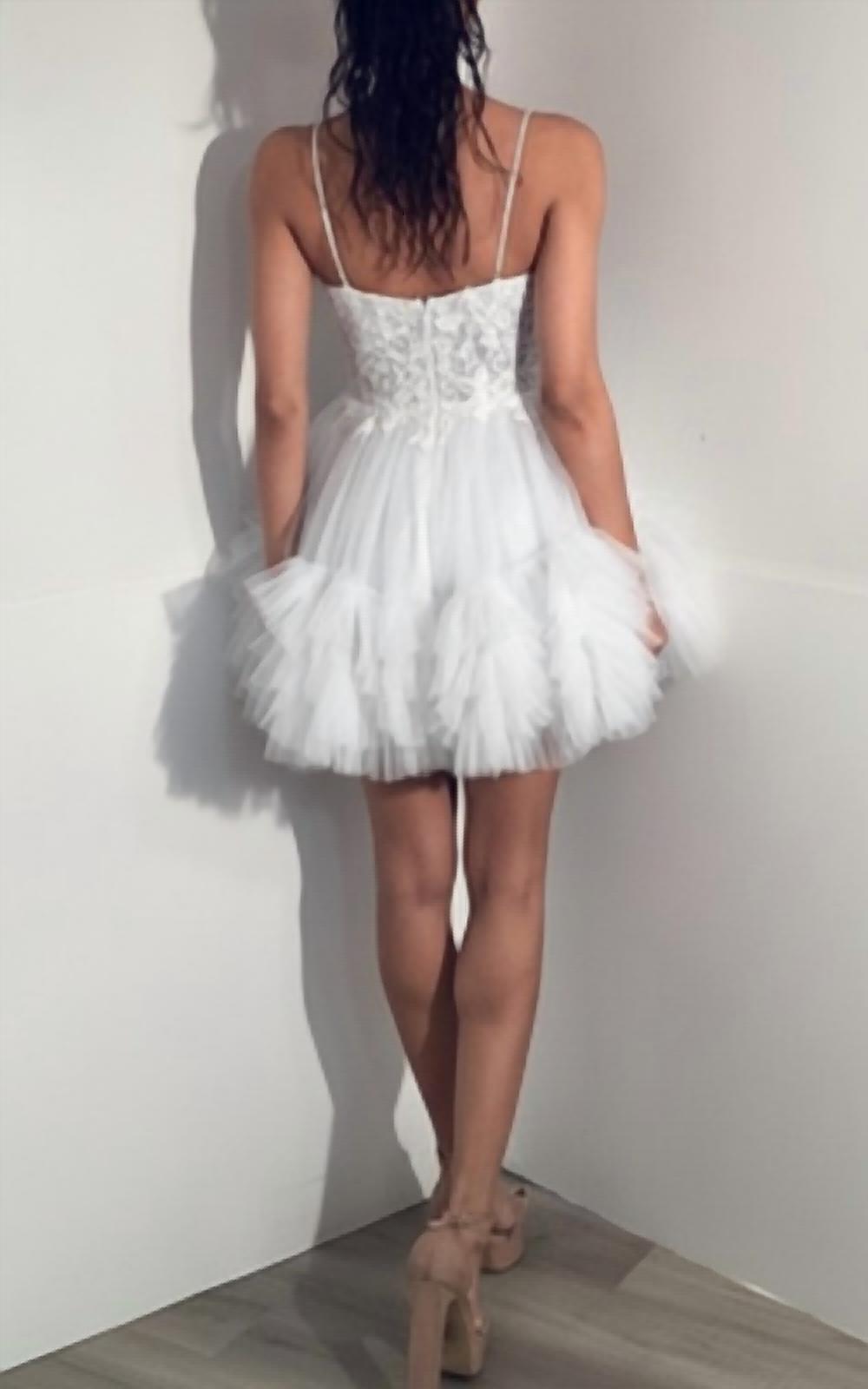JOVANI Short Dress With Tulle Skirt in off white - women's dress - detail view