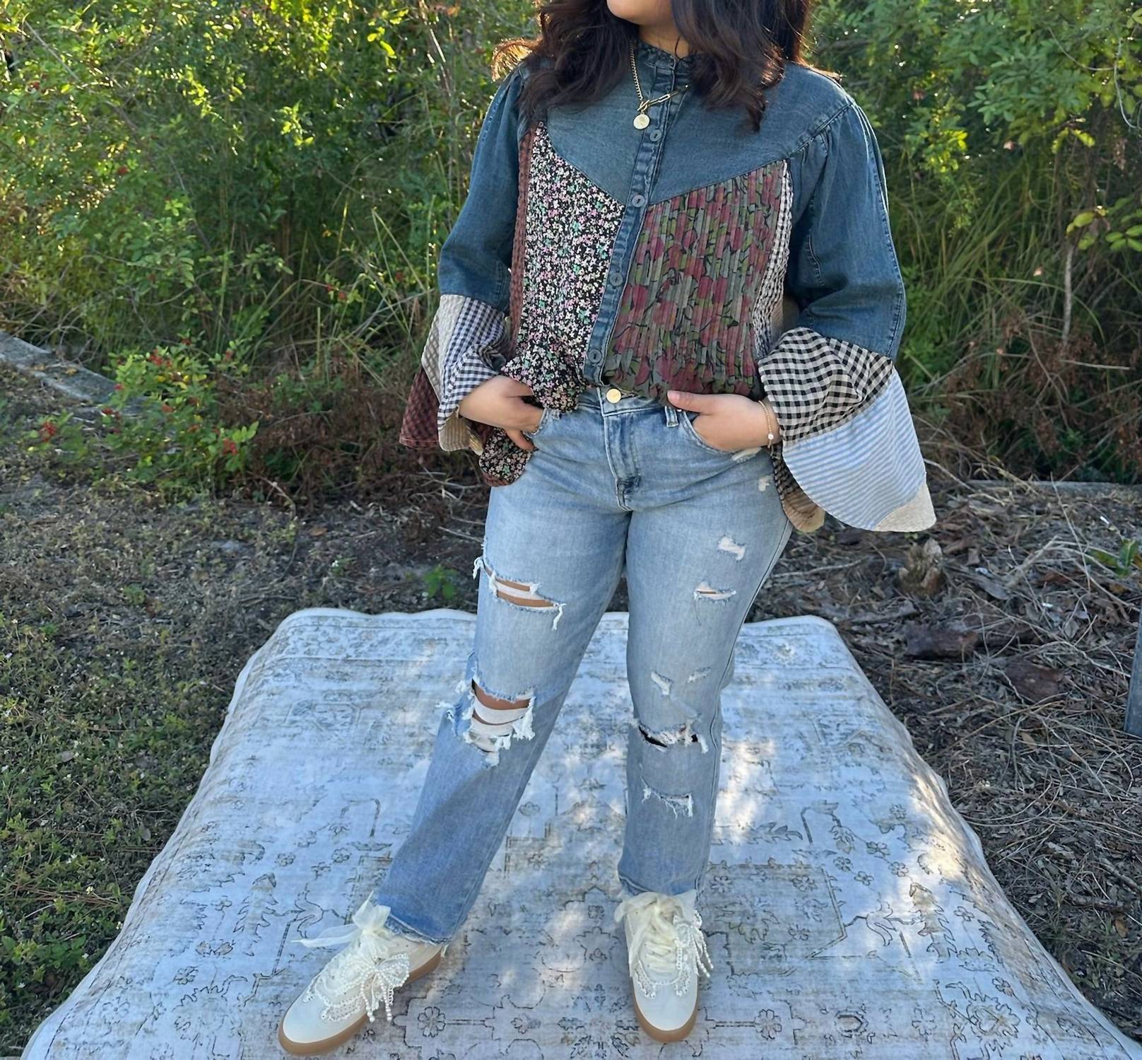 Young Threads - Boho Western Pintuck Denim Top