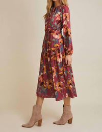 Gilli - Round Neck Front Tie Long Sleeve Floral Midi Dress