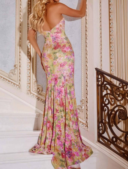 Jovani - Sweetheart Neckline Floral Sequin Gown