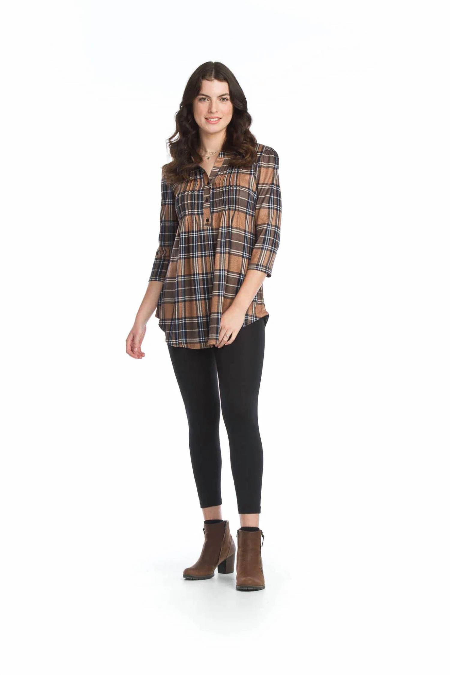 Papillon - Plaid Pintuck Henley Sweater Tunic