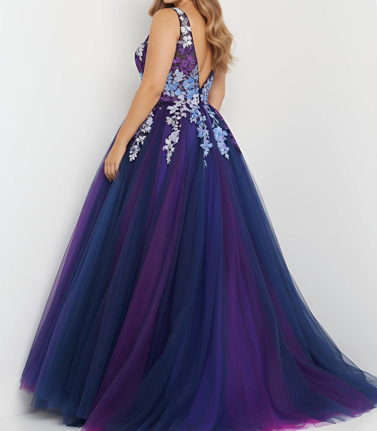 JOVANI Elegant Ball Gown With Floral Appliqué in navy multi - women's dress - detail view