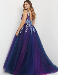 JOVANI Elegant Ball Gown With Floral Appliqué in navy multi - women's dress - alternate view