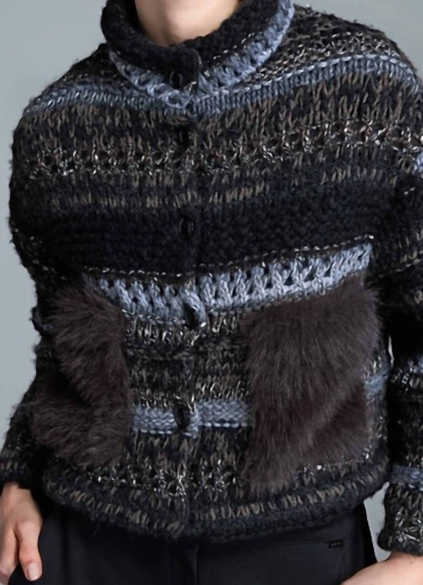Tricot Chic Button Cardigan With Fur Pockets in brown and grey - women's cardigan - detail view