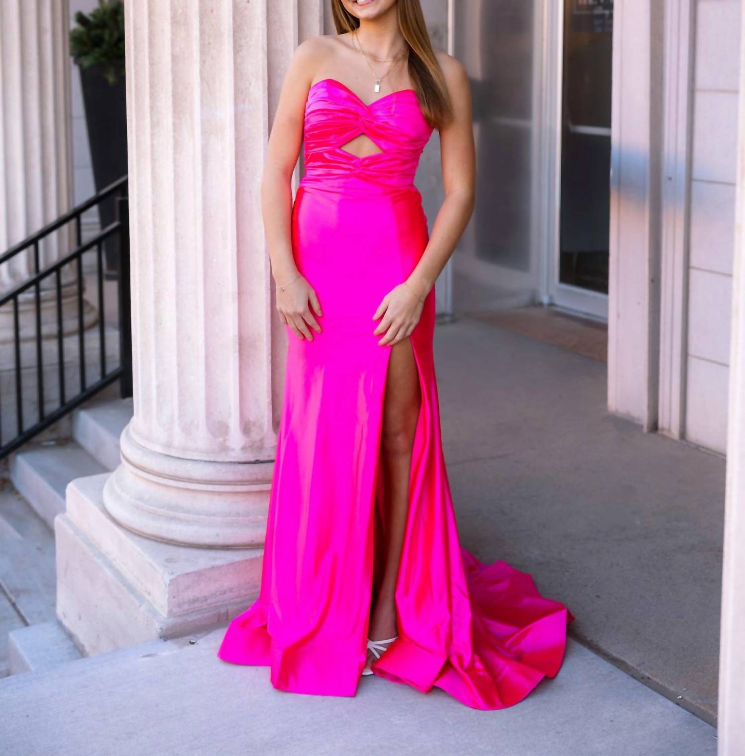 Sherri Hill Stunning Strapless Prom Dress With Side Slit in bright fuchsia - women's dress