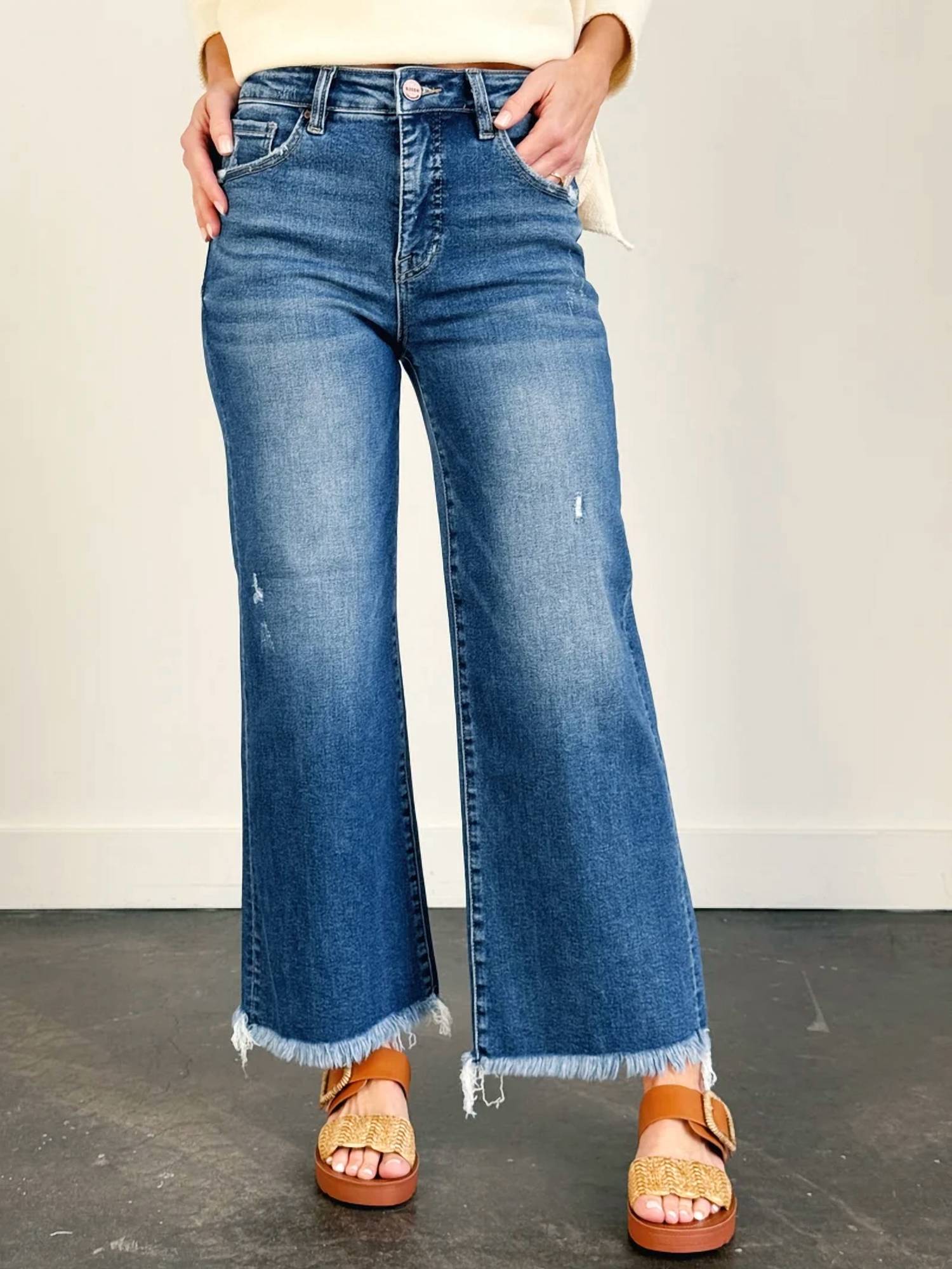 Risen - Mid Rise Ankle Straight Fray Hem Jeans