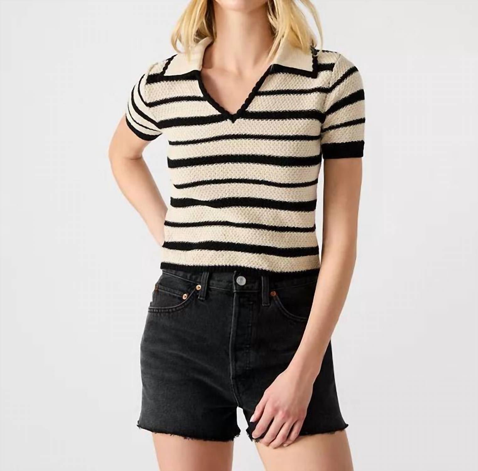 STEVE MADDEN Shade and Shore Striped Short Sleeve Sweater in beige - women's t-shirt