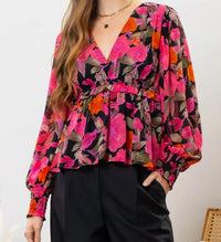 Blu Pepper - Floral Print V-neck Peplum Top