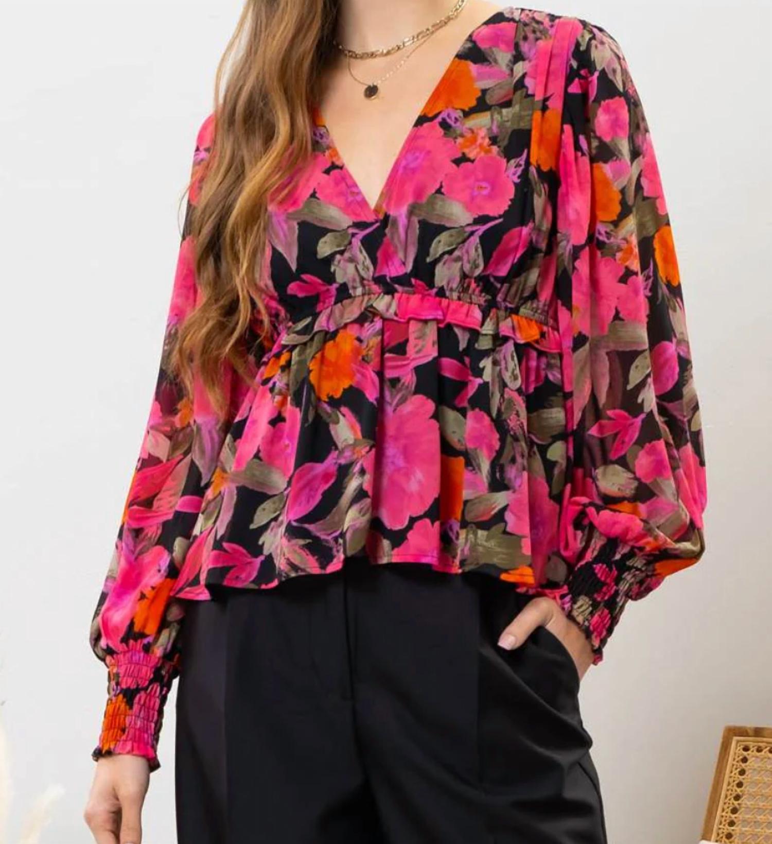 Blu Pepper - Floral Print V-neck Peplum Top