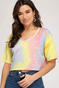 She + Sky - V-neck Tie Dyed Terry Crop Top