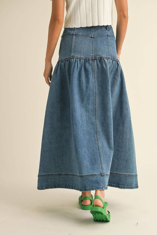 Miou Muse - Button Front Bohemian Denim Maxi Skirt