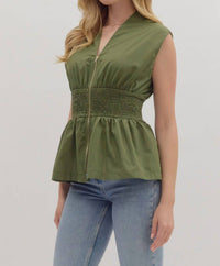 Entro - Sleeveless Smocked Waist Peplum Top