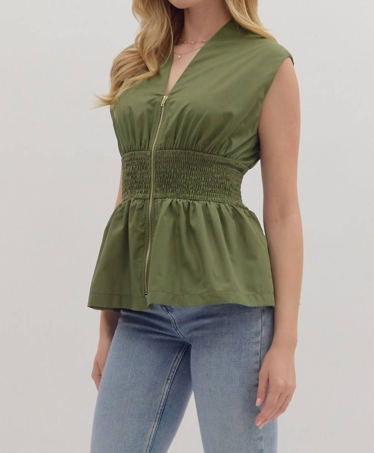 Entro - Sleeveless Smocked Waist Peplum Top