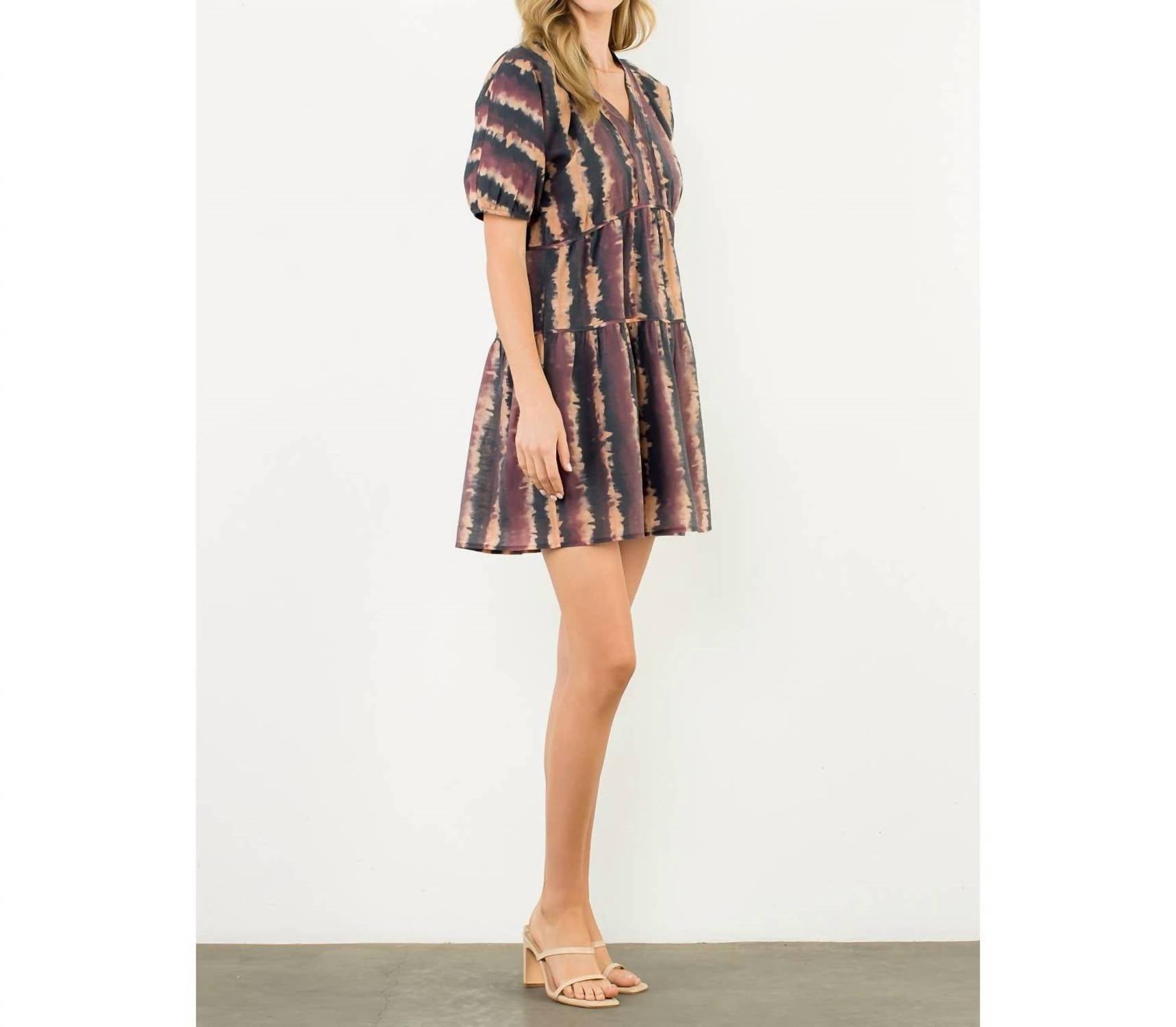 THML Pleated Trim Puff Sleeve Tie Dye Dress in wine - women's dress - alternate view