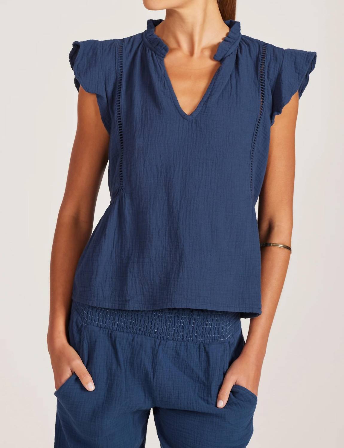 Bobi - Flutter Sleeve Split Neck Top