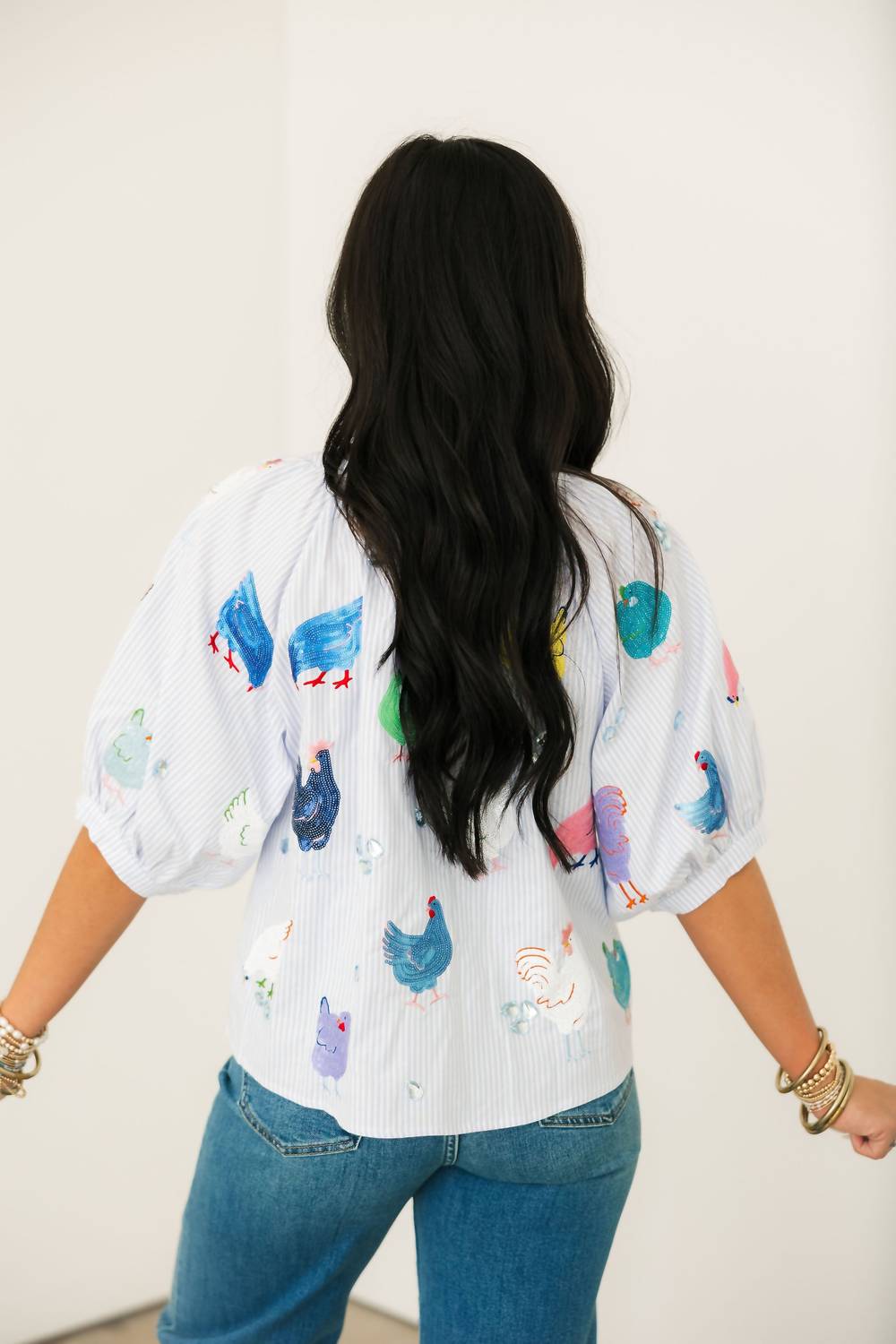 QUEEN OF SPARKLES Multi Chicken Button Up Cotton Top in light blue - women's blouse - detail view