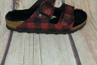 BIRKENSTOCK Women's Arizona Rivet Plaid Sandals in red black - women's sandal - detail view