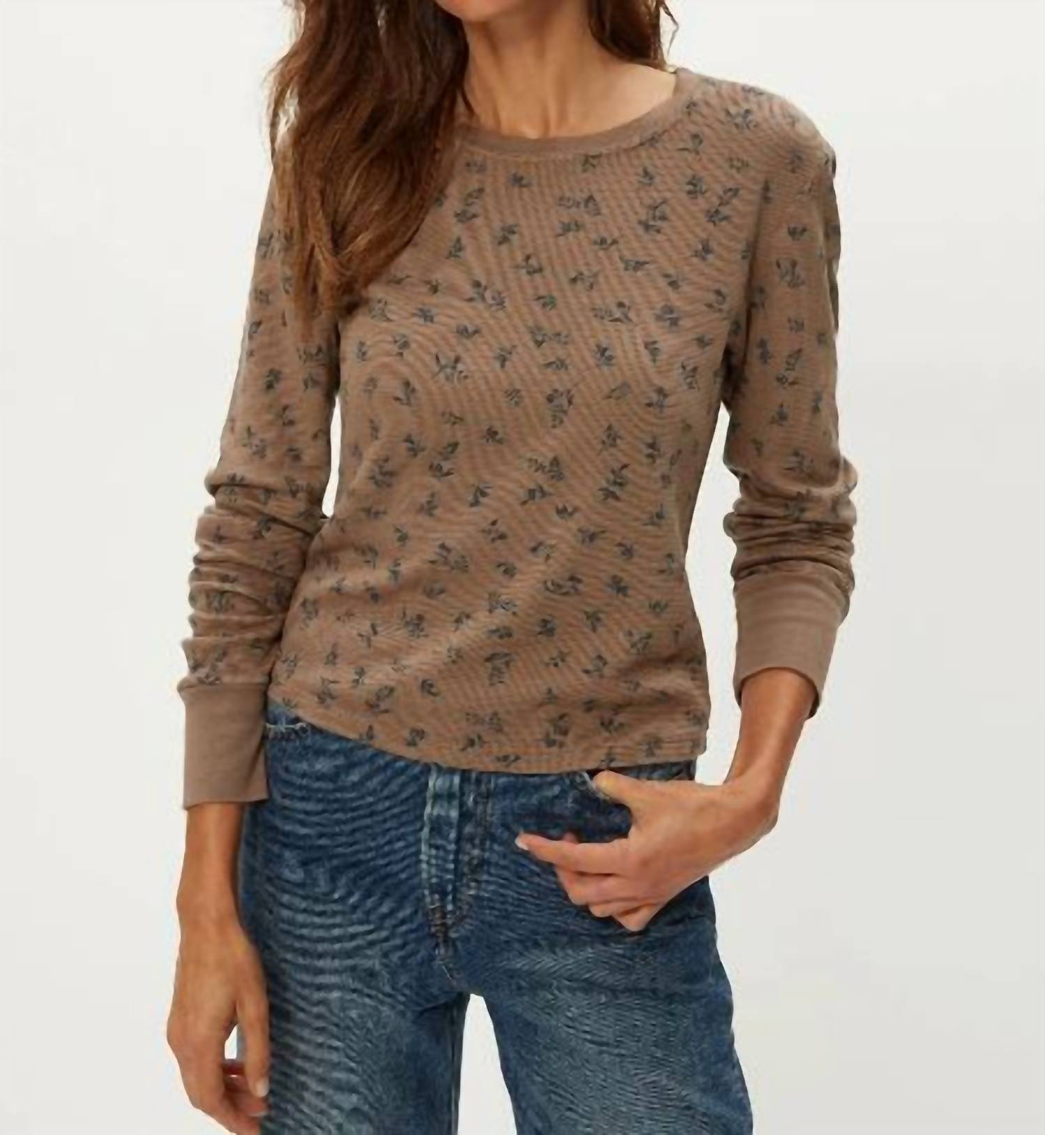 Michael Stars Palmer Floral Thermal Crew Tee in cobblestone - women's long sleeve top
