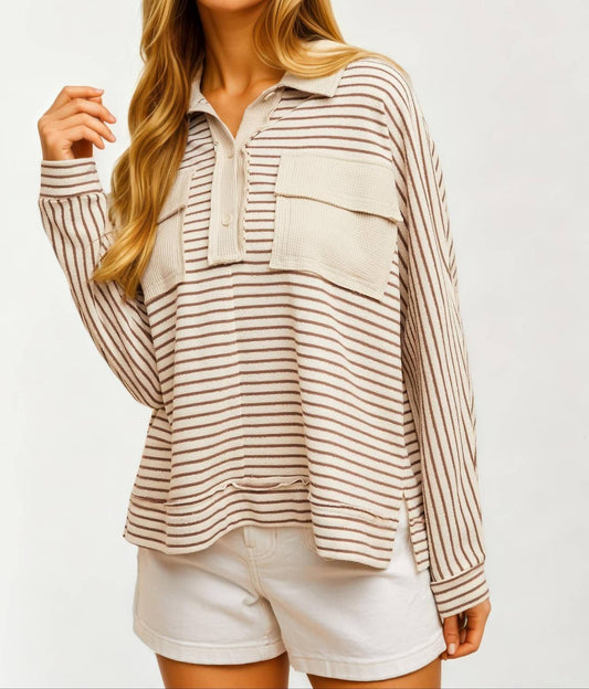 Knit & Lounge - Striped Long Sleeve Waffle Knit Pullover Top