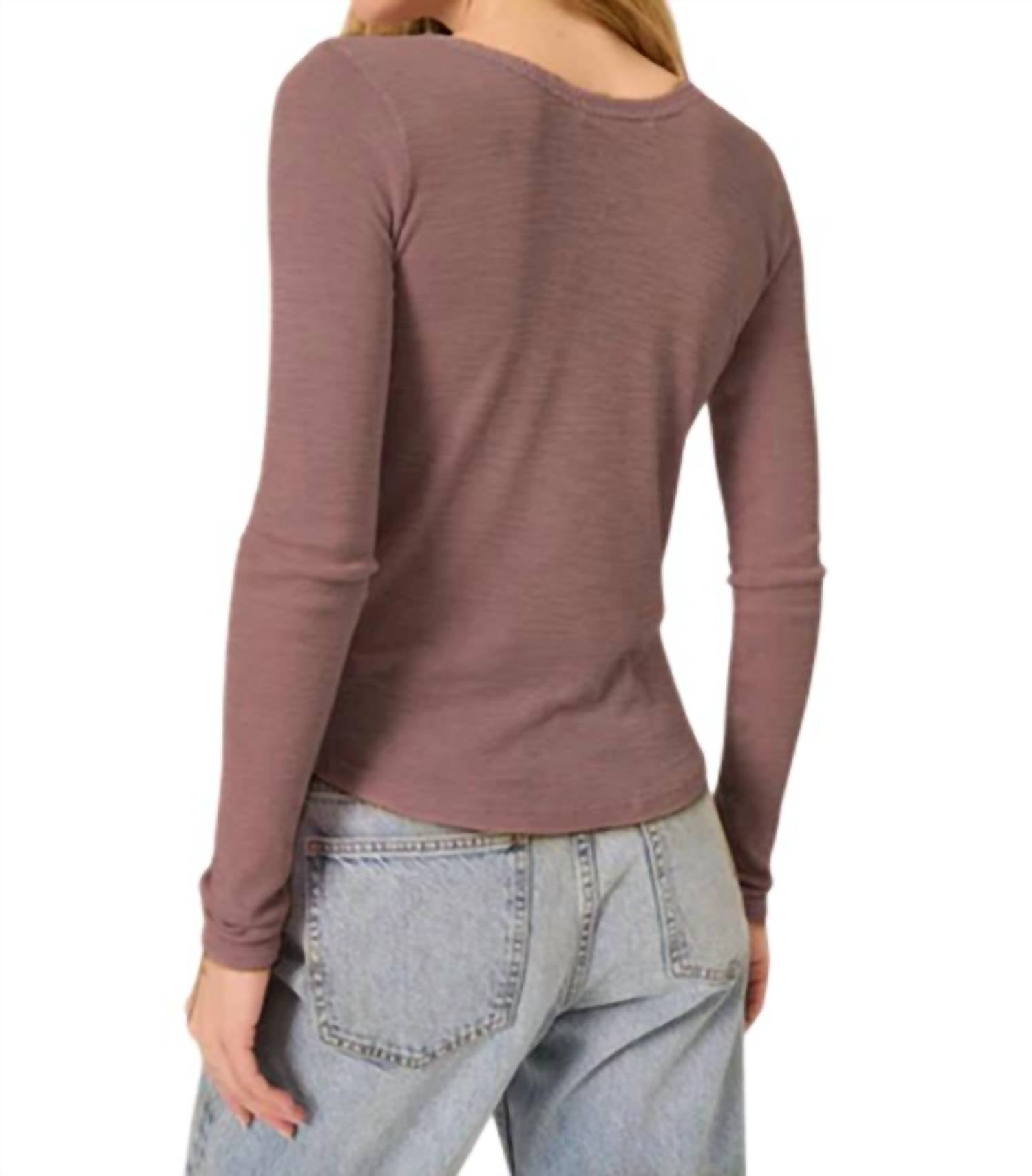 PROJECT SOCIAL T Rib Scoop Neck Long Sleeve Tee in deep taupe - women's long sleeve top - detail view