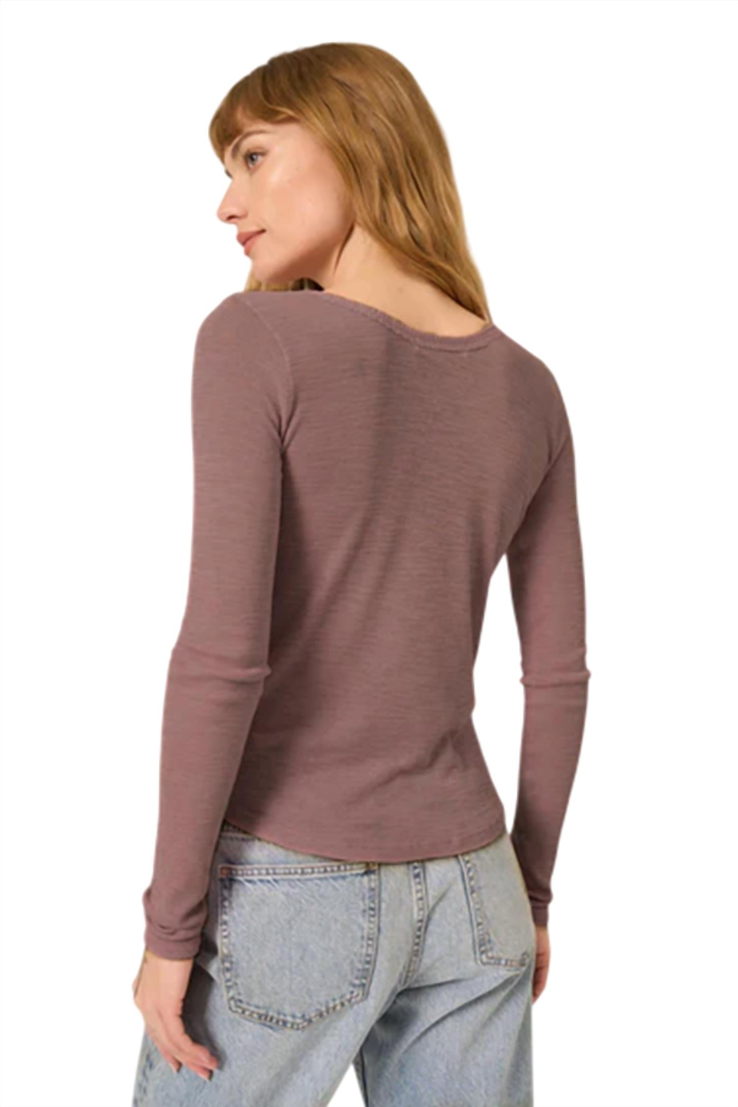 PROJECT SOCIAL T Rib Scoop Neck Long Sleeve Tee in deep taupe - women's long sleeve top - alternate view