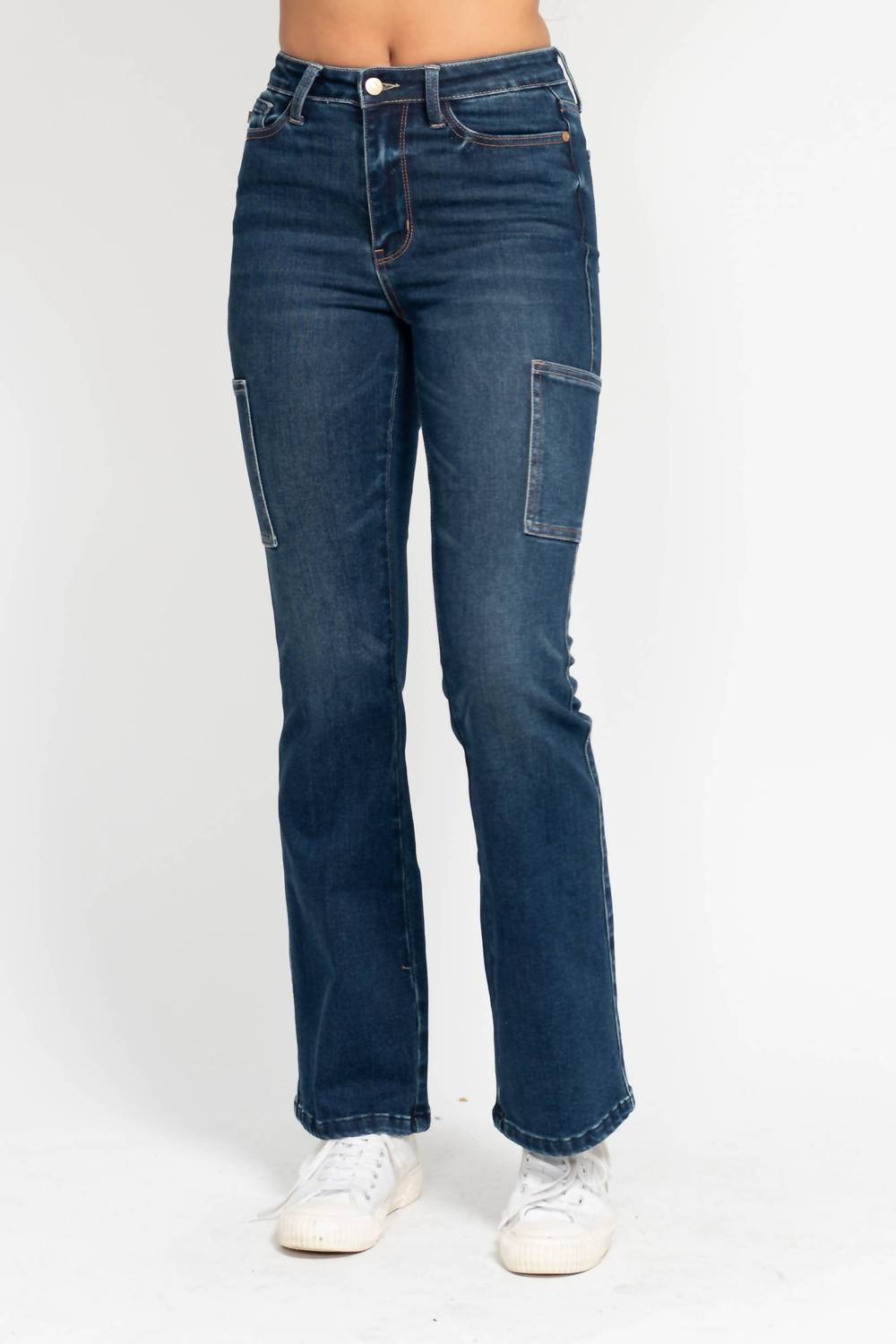 Judy Blue High Waisted Cargo Bootcut Stretchy Jeans in dark denim - women's pants