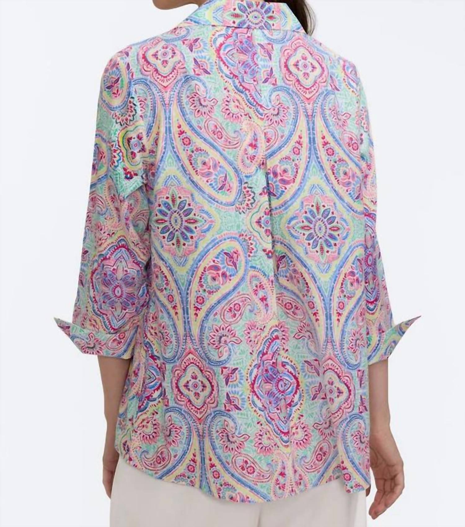 Foxcroft Agnes Linen 3/4 Sleeve Shirt in paisley - women's blouse - detail view