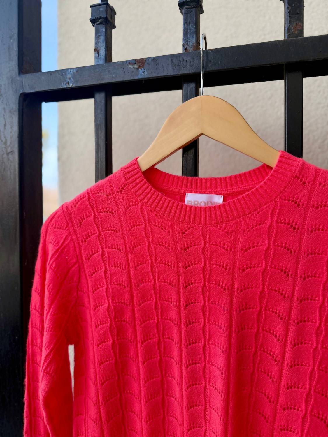 Brodie Cashmere Women's Shell Pointelle Crewneck Sweater in flamingo - women's sweater - detail view