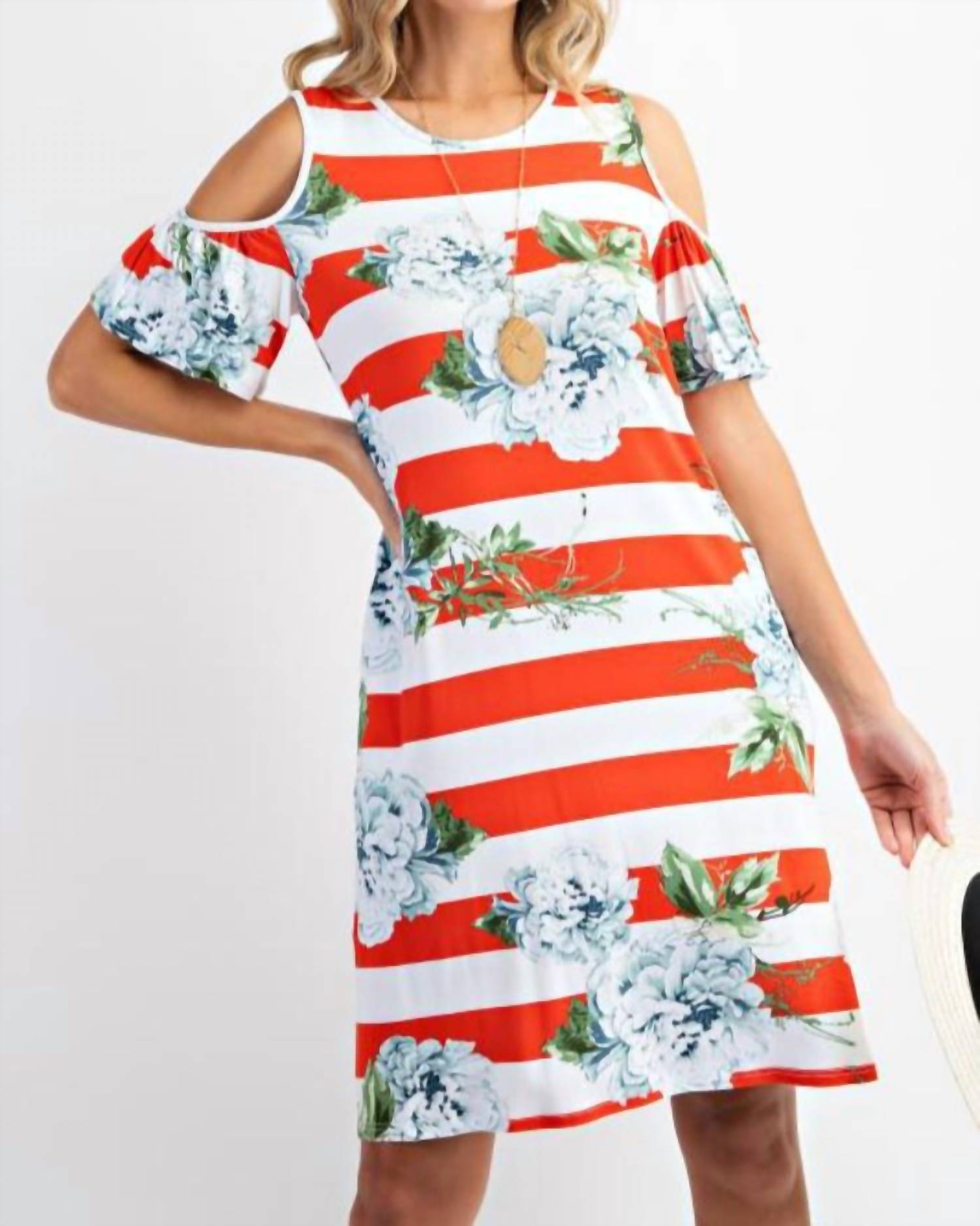143 Story - Bold Stripe Floral Cold Shoulder Dress