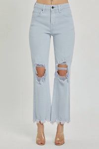 RISEN High Rise Knee Distressed Straight Pants in ice blue - women's jeans - detail view