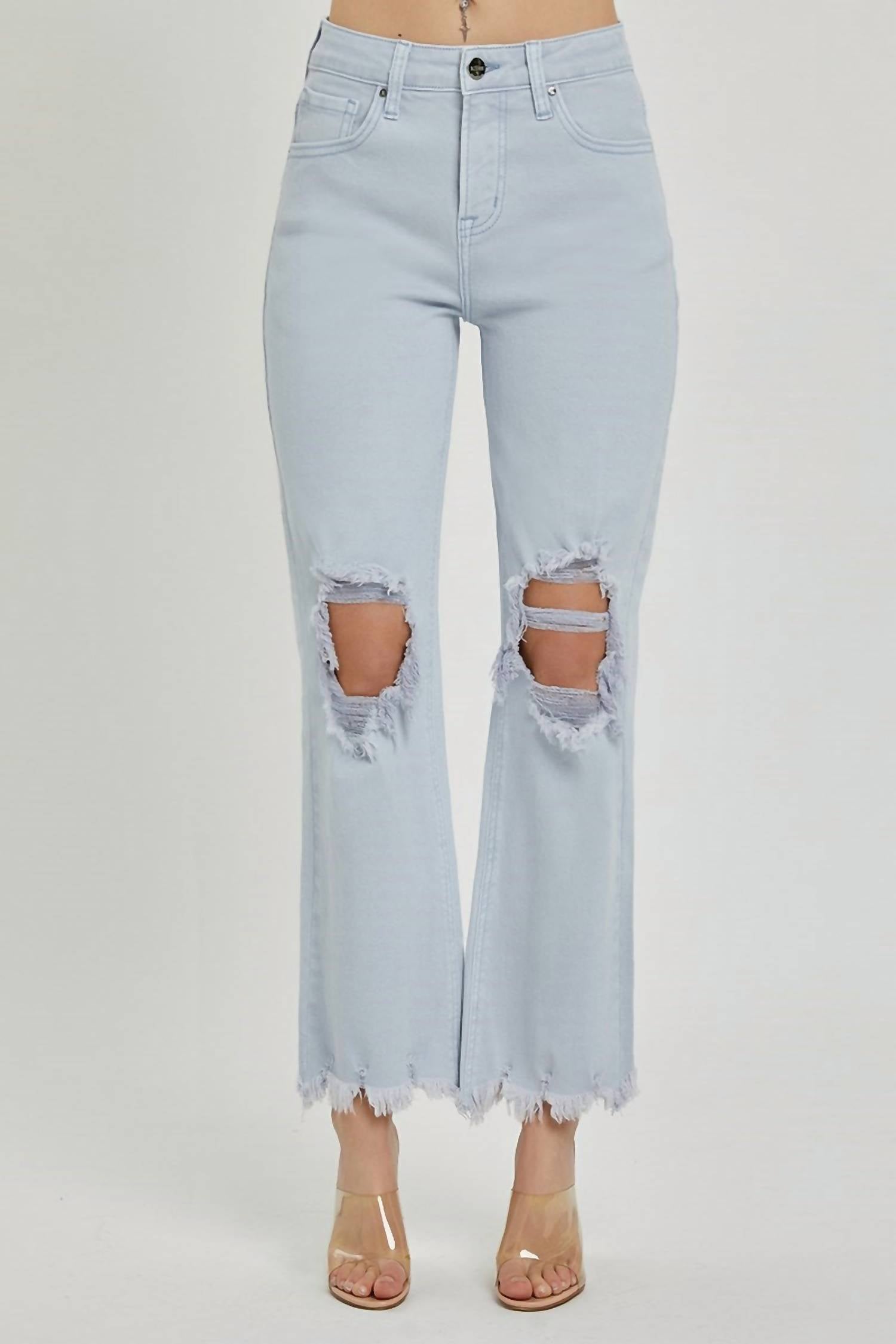 RISEN High Rise Knee Distressed Straight Pants in ice blue - women's jeans - detail view