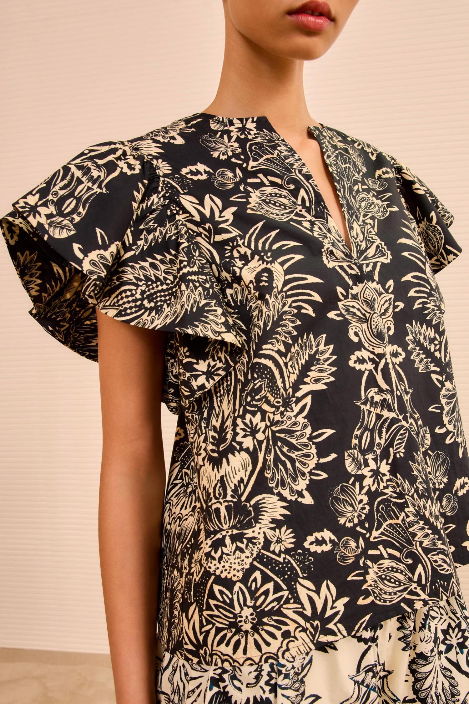 Ulla Johnson Severine Flutter Sleeve Top in noir flora - women's blouse - alternate view