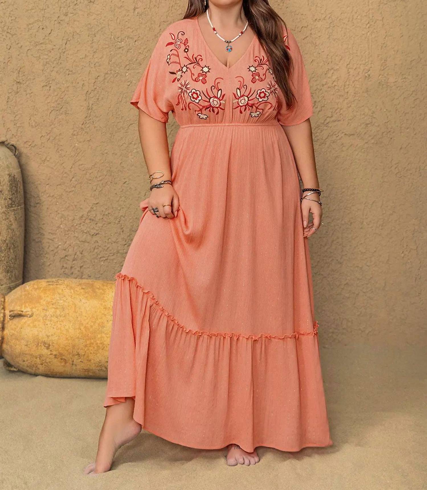 Classiqu Embroidered V-neck Maxi Dress - Plus in coral - women's dress