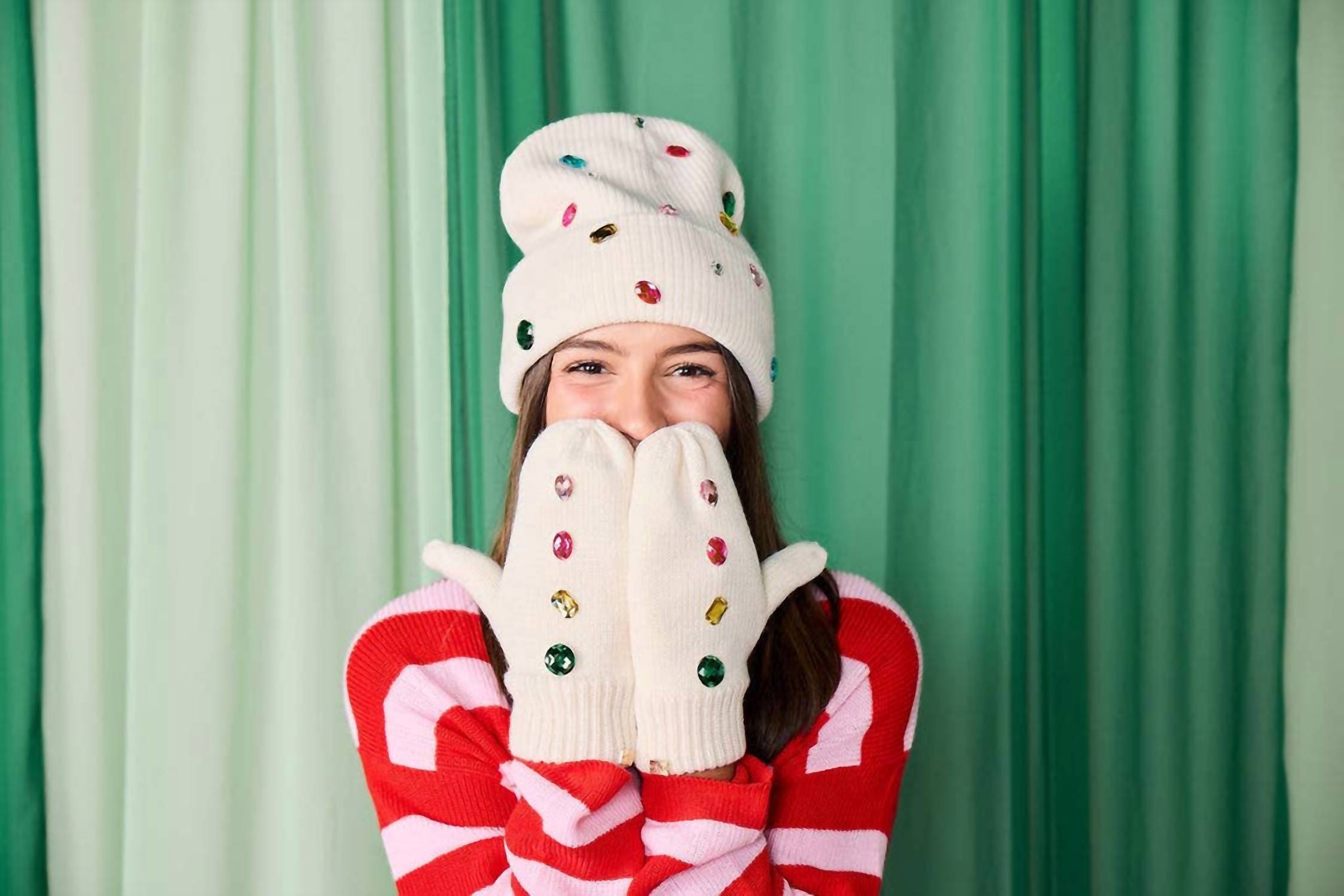 Packed Party - Knit Rhinestone Beanie And Mittens Set