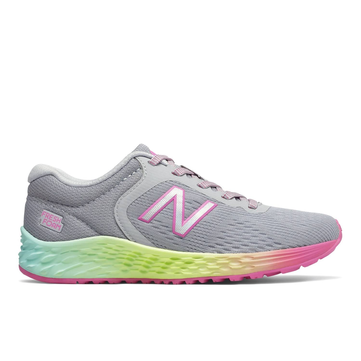New Balance Little Kid's Fresh Foam Arishi Running Shoes in grey rainbow - kids' sneaker - detail view