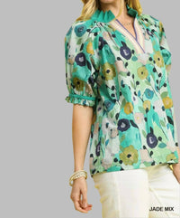 Umgee - Floral Split Neck Puff Sleeve Top